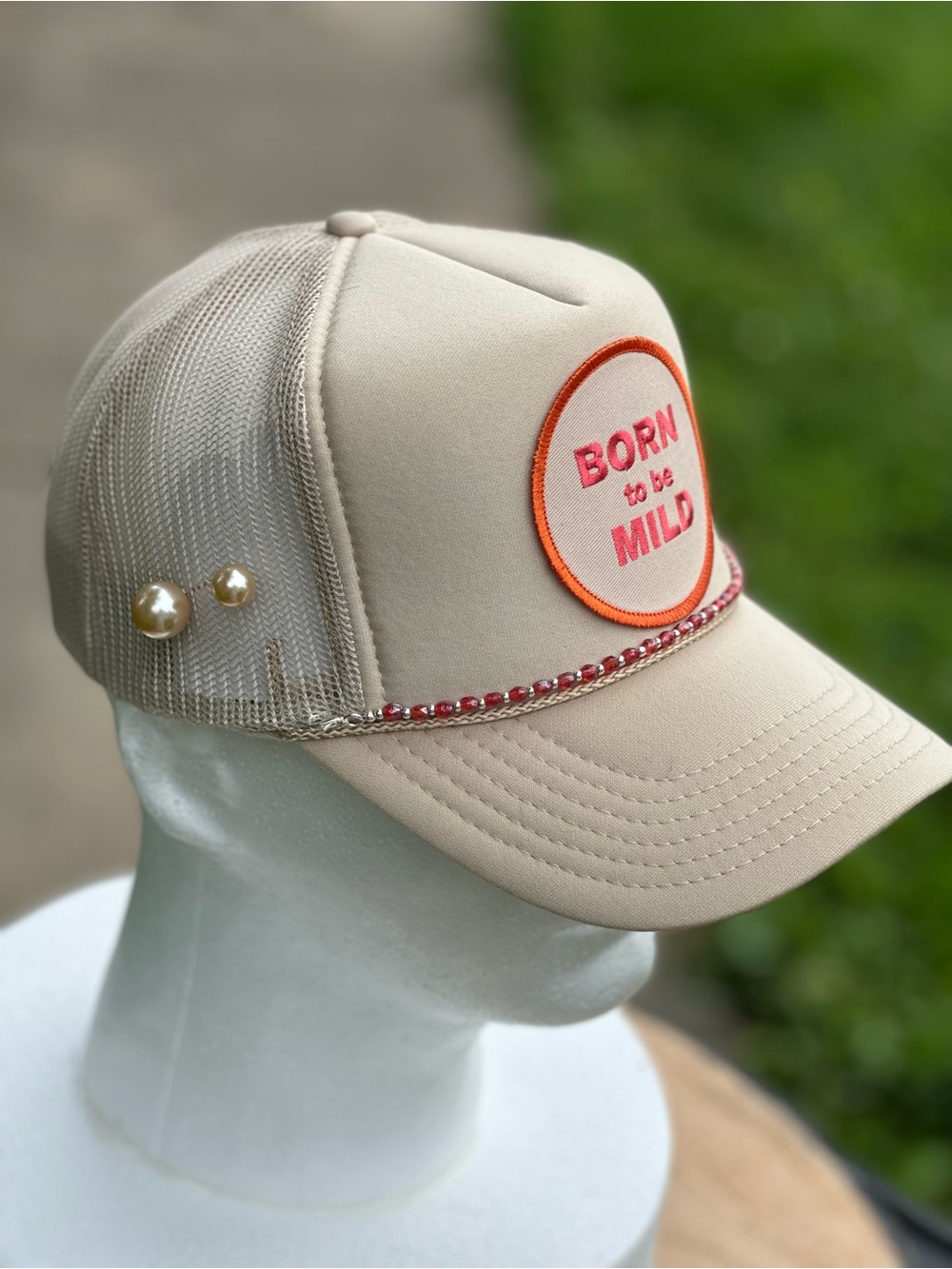 OTTO Beige Trucker Hat with Pink & Orange Accent